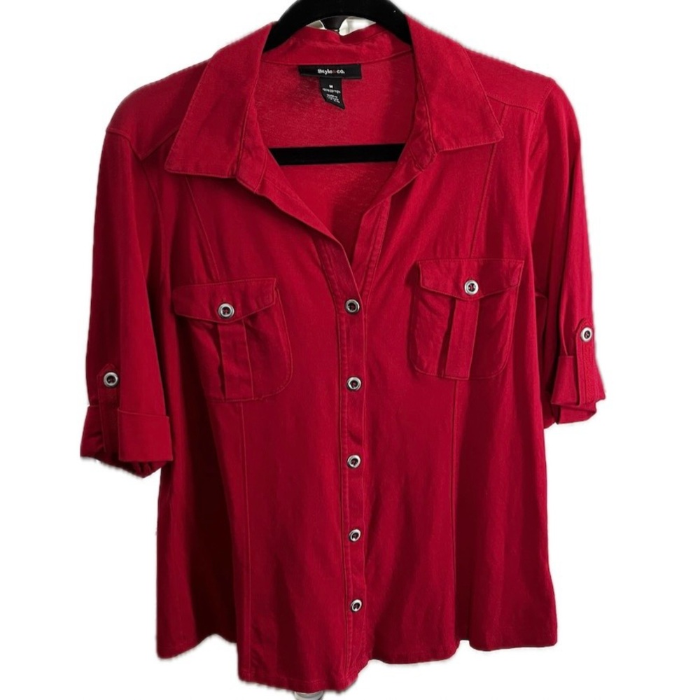 Style & Co Women Button Front Utility Shirt Red Roll Tab Sleeve Medium